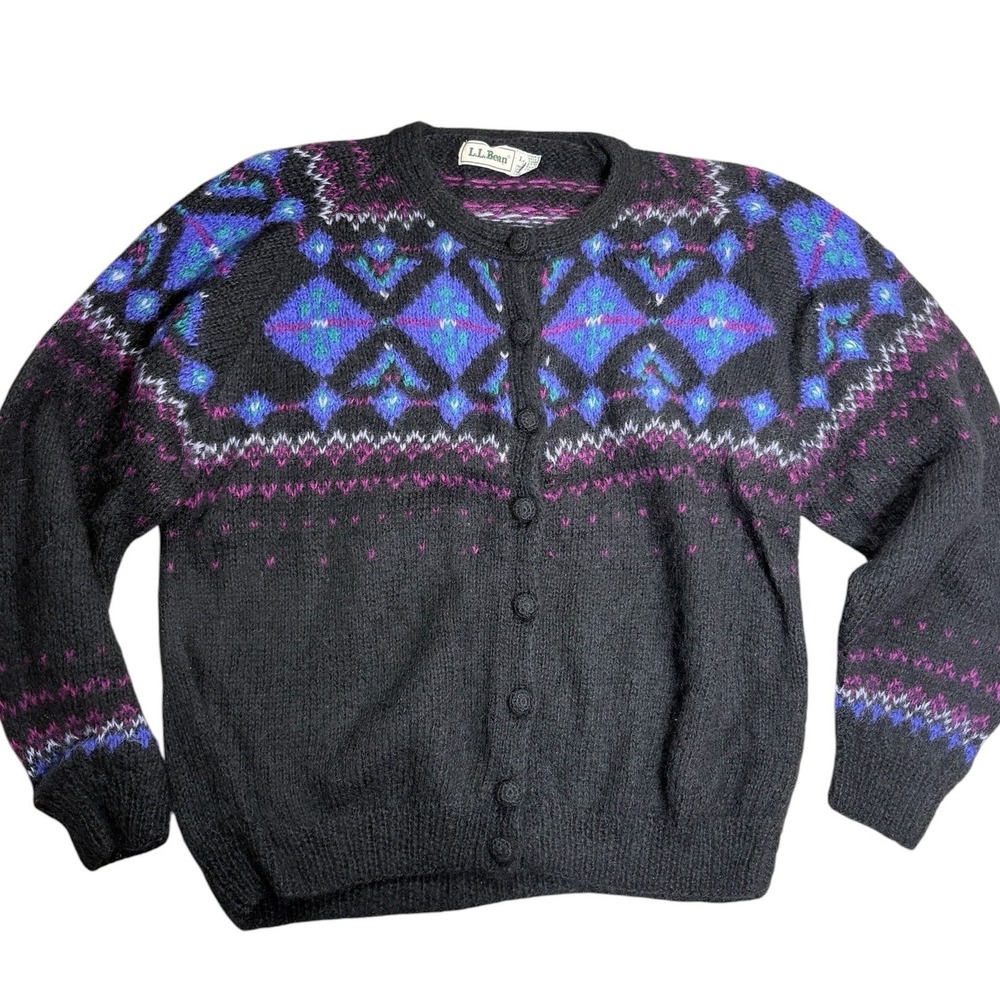 LL Bean VINTAGE 80s Mohair Wool Blend Fair‎ Isle Cardigan Sweater Black  Large